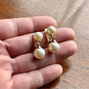 Majorica Pearl & Yellow Gold over Sterling Silver Dangle Drop Clip On Earrings